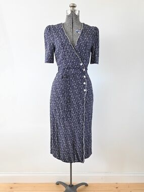 Rouje Paris Gabin Wrap Dress Navy Cream Floral Print Midi Size 38 (US 6)